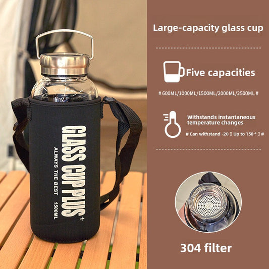 Large Capacity Borosilicate Glass Water Bottle with Carry Rope